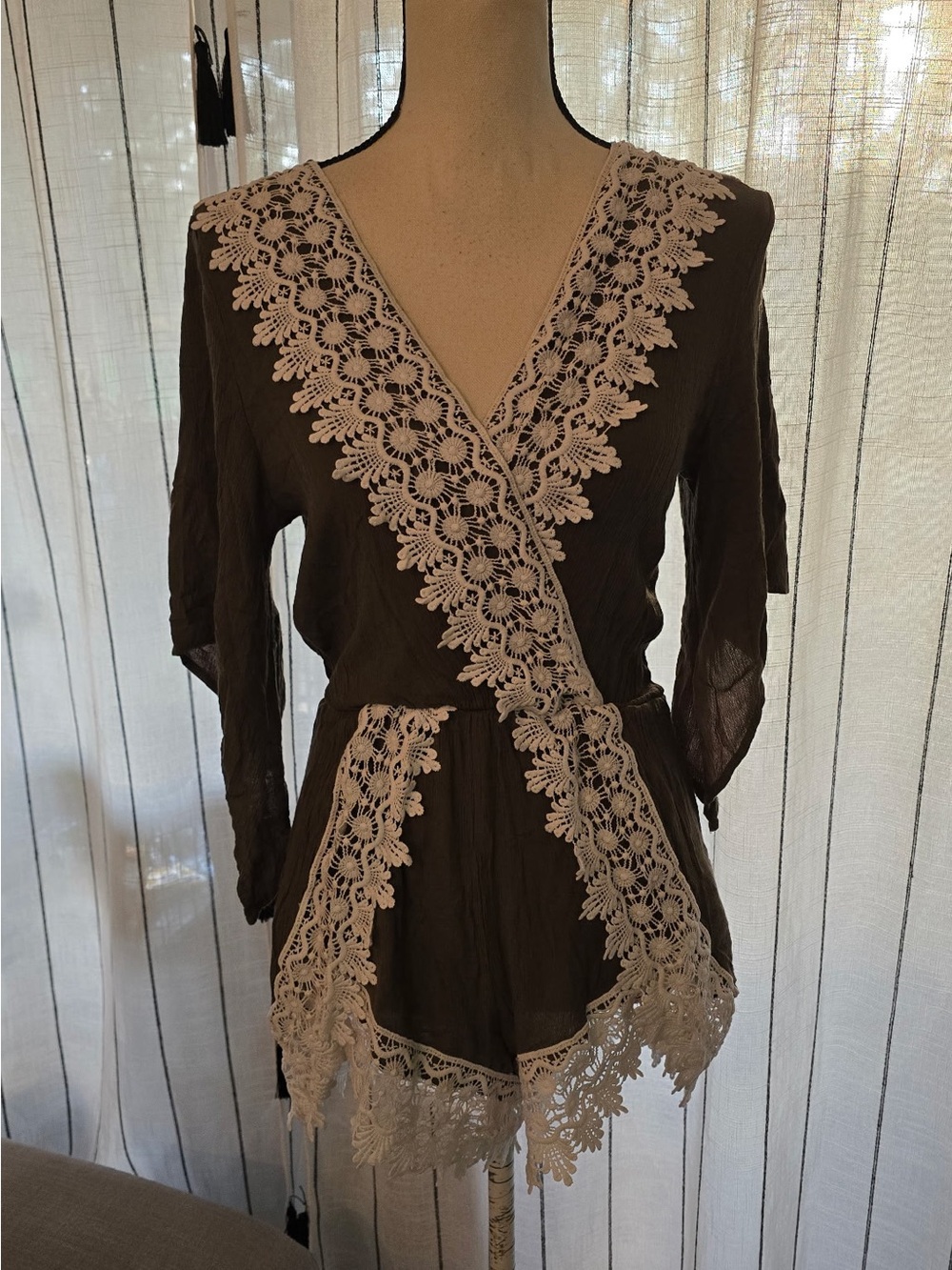 a'gaci Green Romper with Cream Lace Trim
